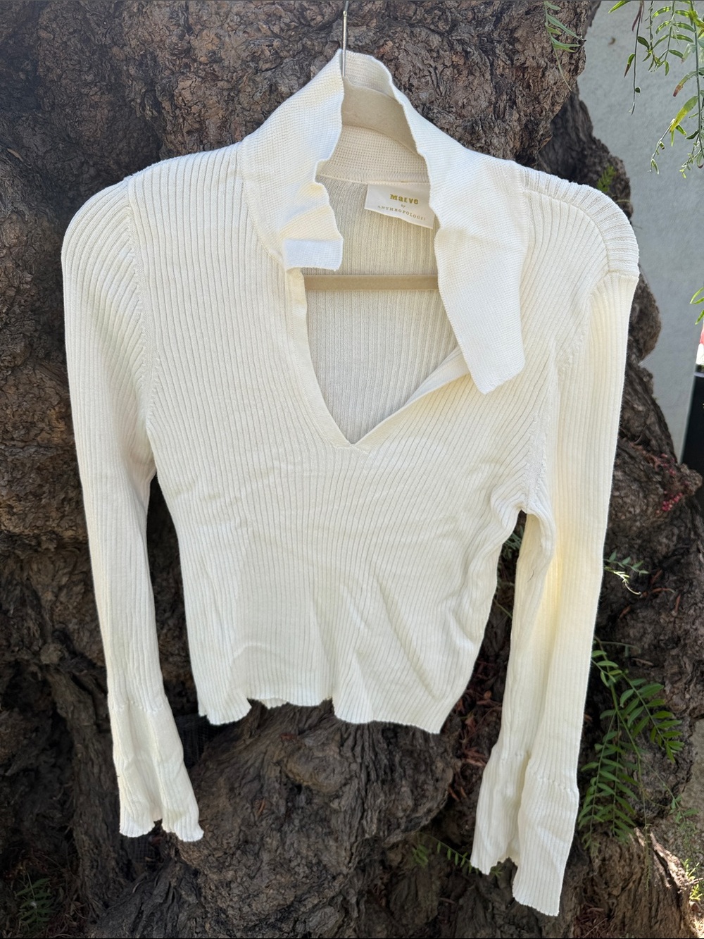 Anthropologie Cream Ribbed V-Neck Long Sleeve Top with Ruffled Collar
